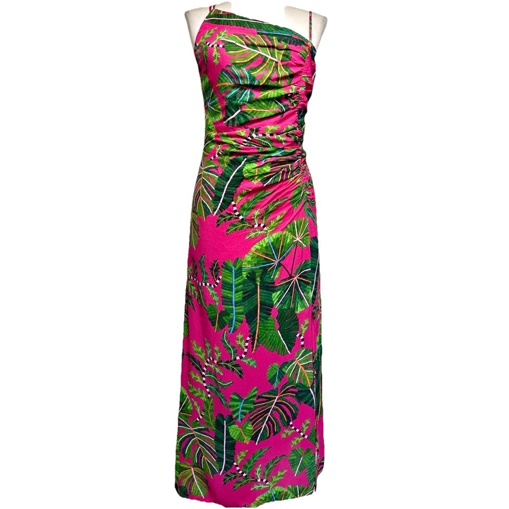 Farm Rio Leaves Pink Midi Dress XS Strappy Ruched Front Slit Tropical Print - Picture 6 of 16